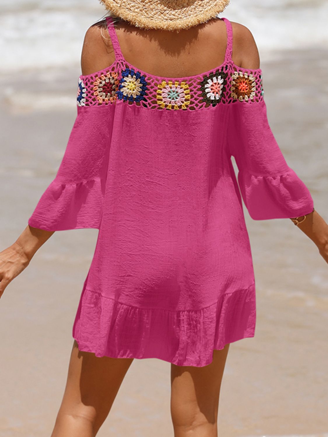 Crochet Cold Shoulder Three-Quarter Sleeve Cover Up Crochet Cold Shoulder Three-Quarter Sleeve Cover Up